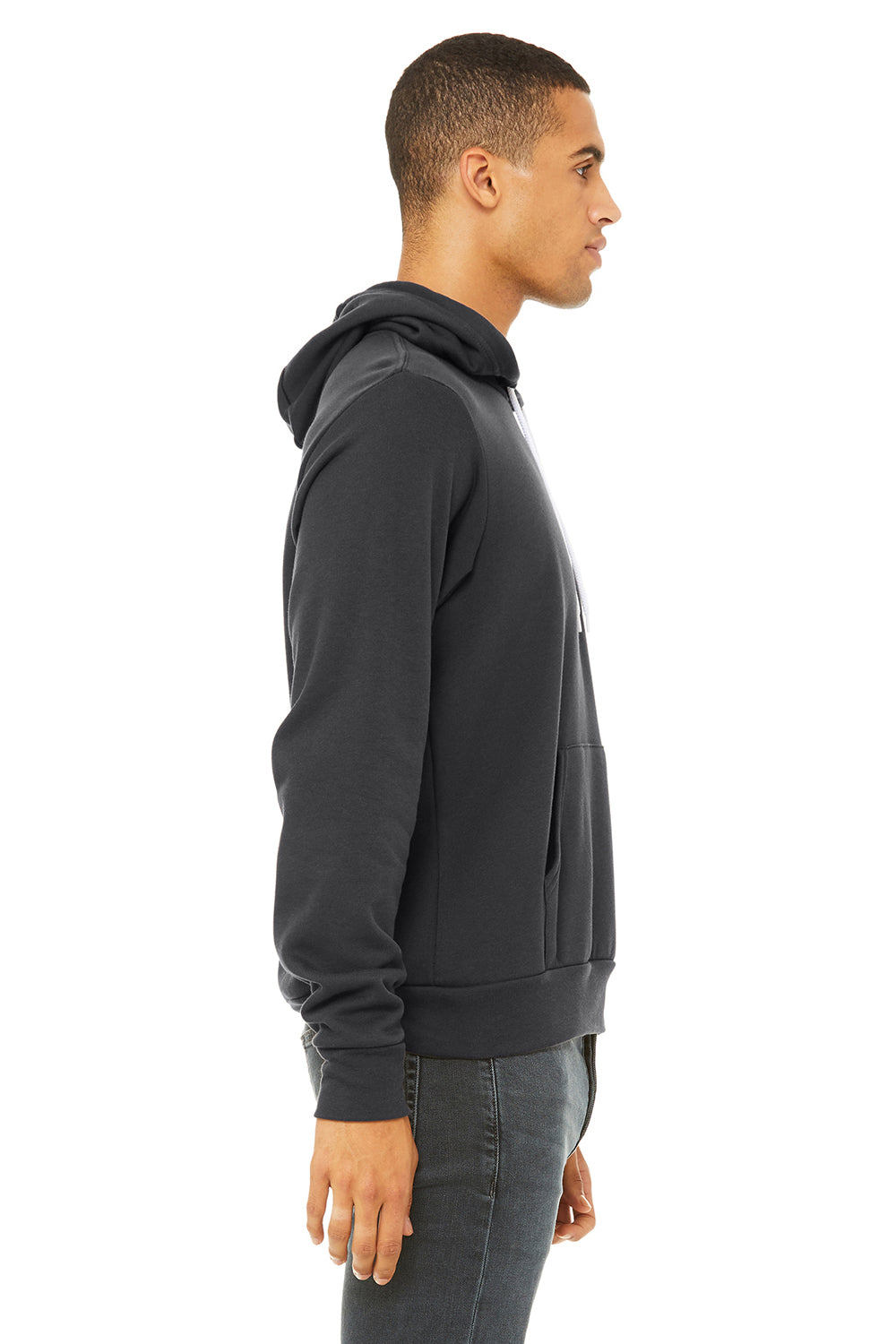 Bella + Canvas BC3719/3719 Mens Sponge Fleece Hooded Sweatshirt Hoodie Dark Grey Model Side