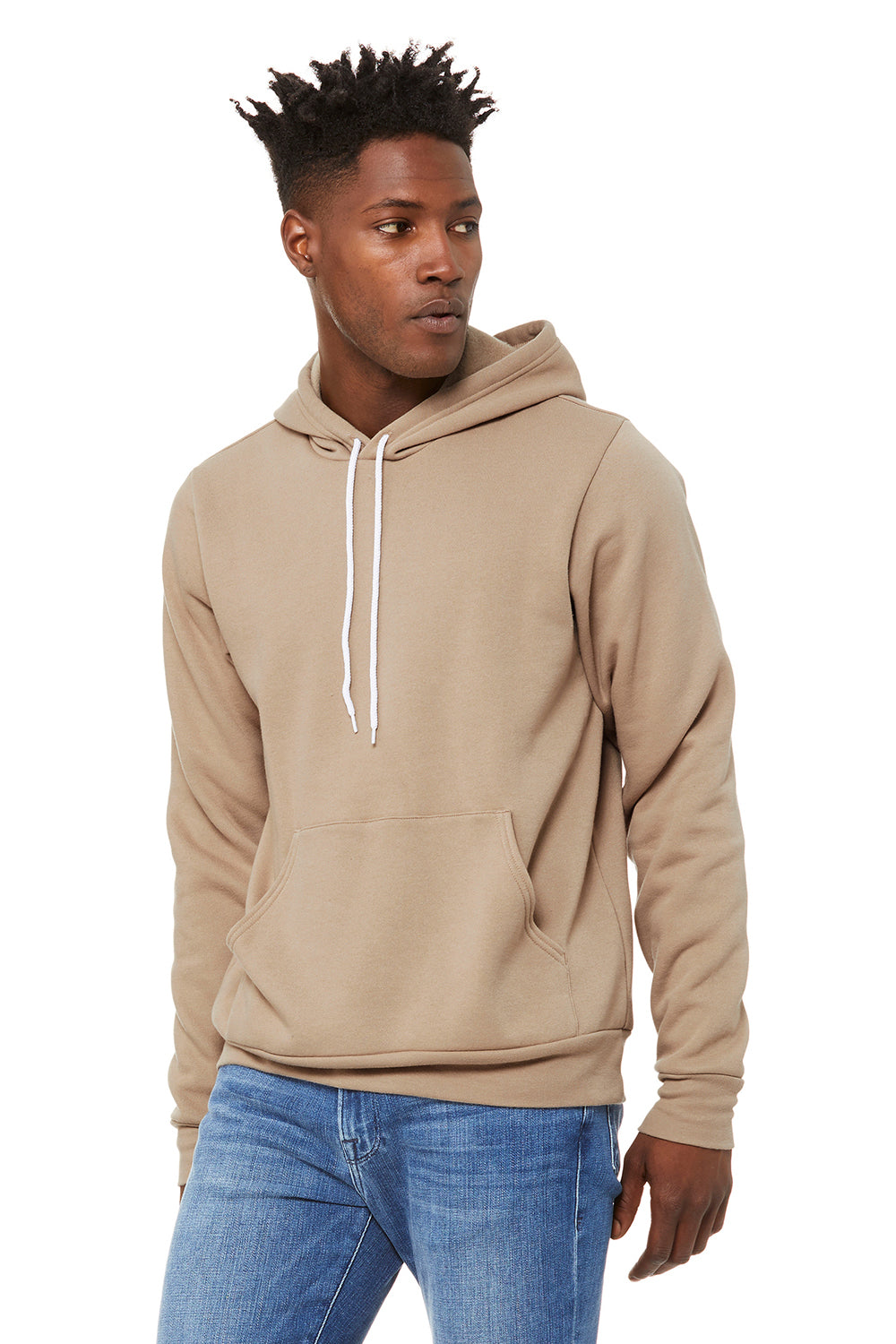 Bella + Canvas BC3719/3719 Mens Sponge Fleece Hooded Sweatshirt Hoodie Tan Model 3Q