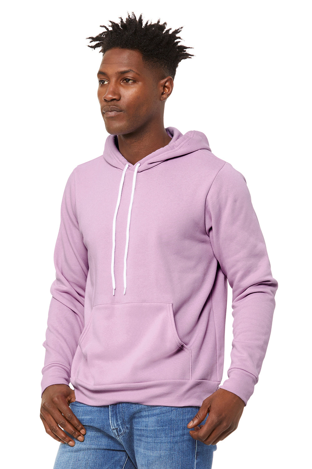 Bella + Canvas BC3719/3719 Mens Sponge Fleece Hooded Sweatshirt Hoodie Lilac Model 3Q