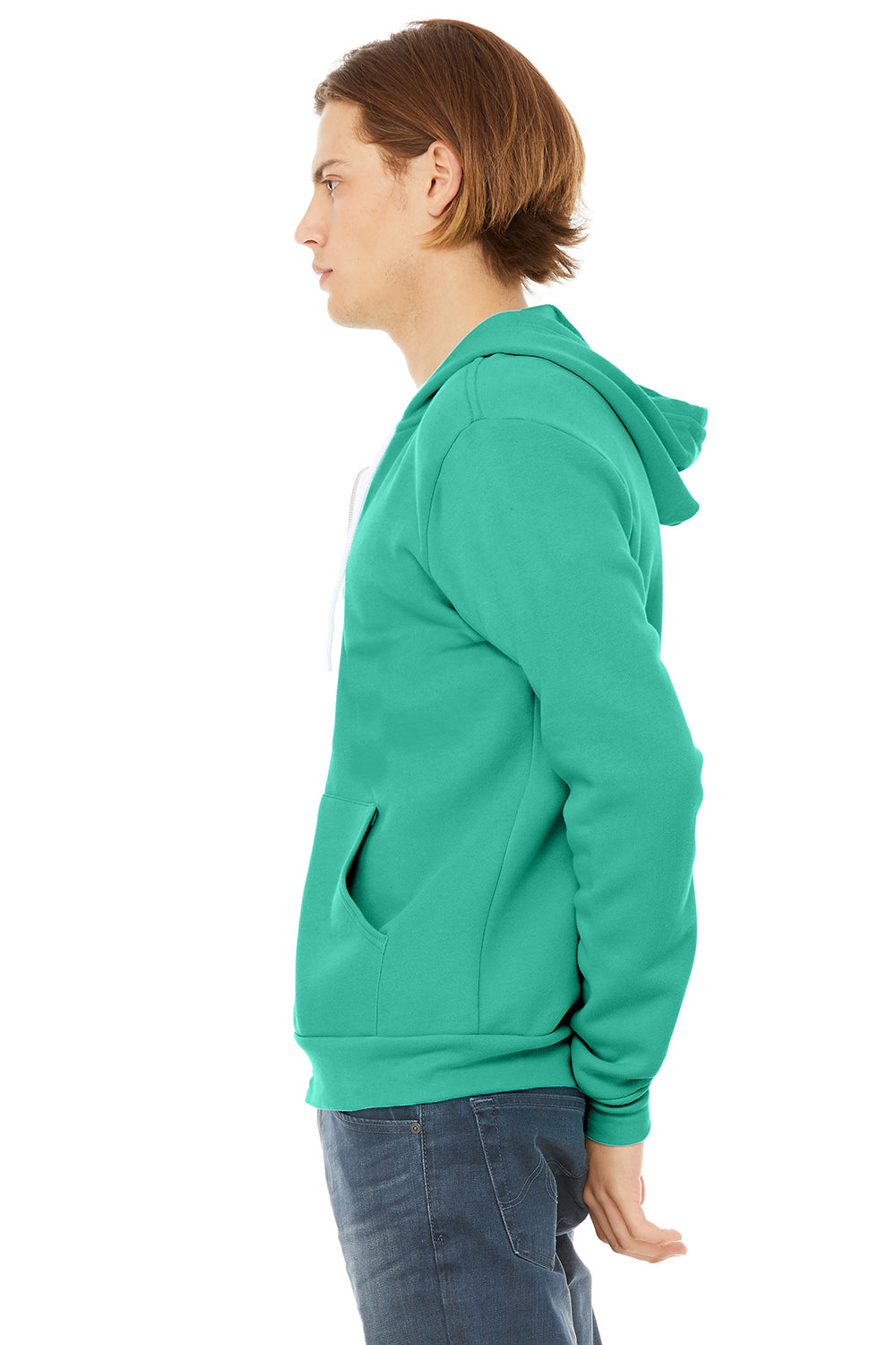 Bella + Canvas BC3739/3739 Mens Fleece Full Zip Hooded Sweatshirt Hoodie Teal Blue Model Side