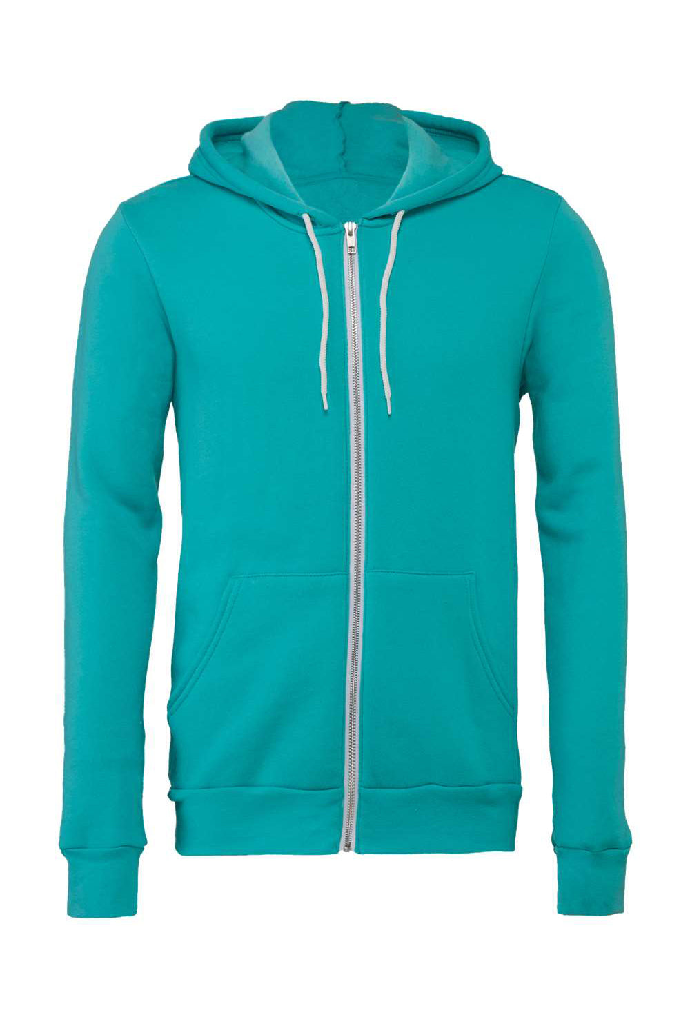 Bella + Canvas BC3739/3739 Mens Fleece Full Zip Hooded Sweatshirt Hoodie Teal Blue Flat Front