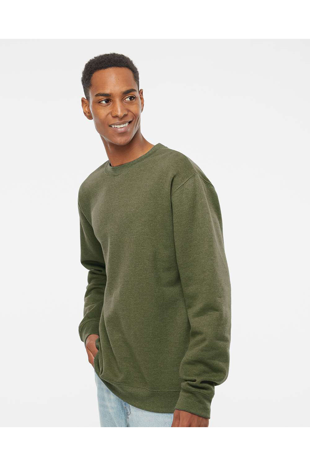 Independent Trading Co. SS3000 Mens Crewneck Sweatshirt Heather Army Green Model Side