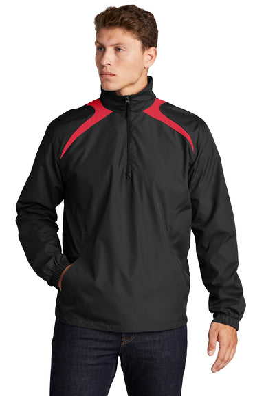 Sport-Tek JST75 Mens Water Resistant 1/4 Zip Wind Jacket Black/True Red Model Front