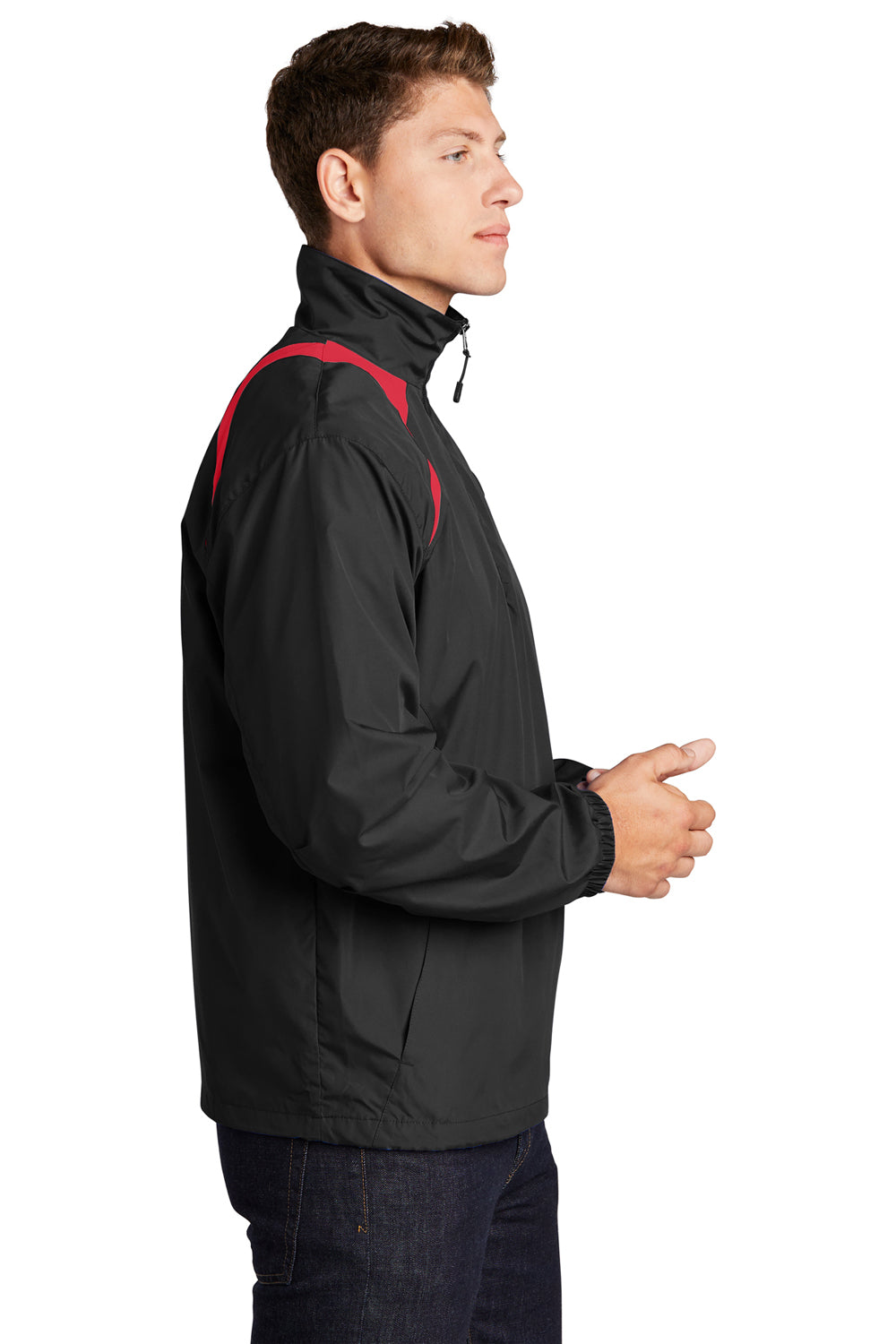 Sport-Tek JST75 Mens Water Resistant 1/4 Zip Wind Jacket Black/True Red Model Side