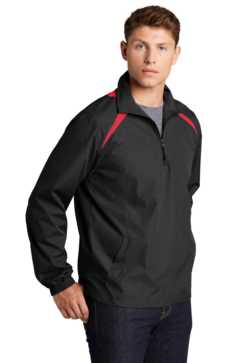 Sport-Tek JST75 Mens Water Resistant 1/4 Zip Wind Jacket Black/True Red Model 3q