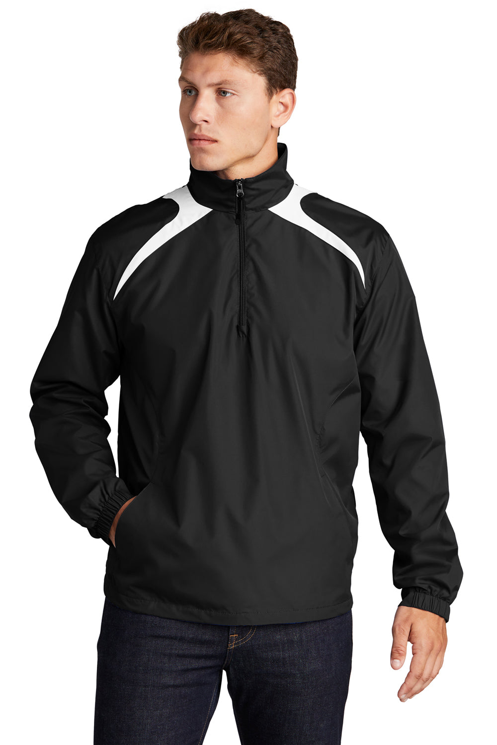 Sport-Tek JST75 Mens Water Resistant 1/4 Zip Wind Jacket Black/White Model Front