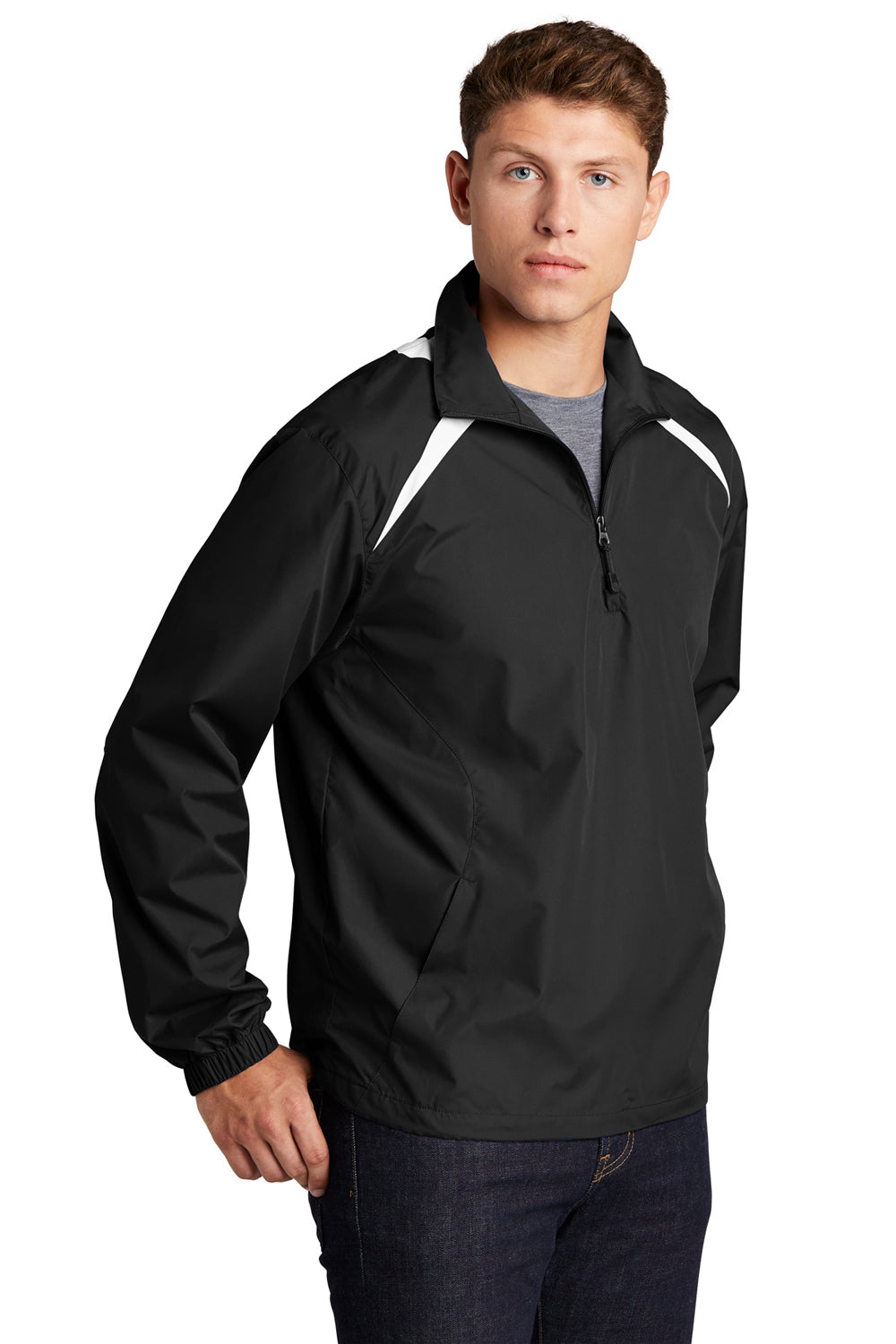 Sport-Tek JST75 Mens Water Resistant 1/4 Zip Wind Jacket Black/White Model 3q