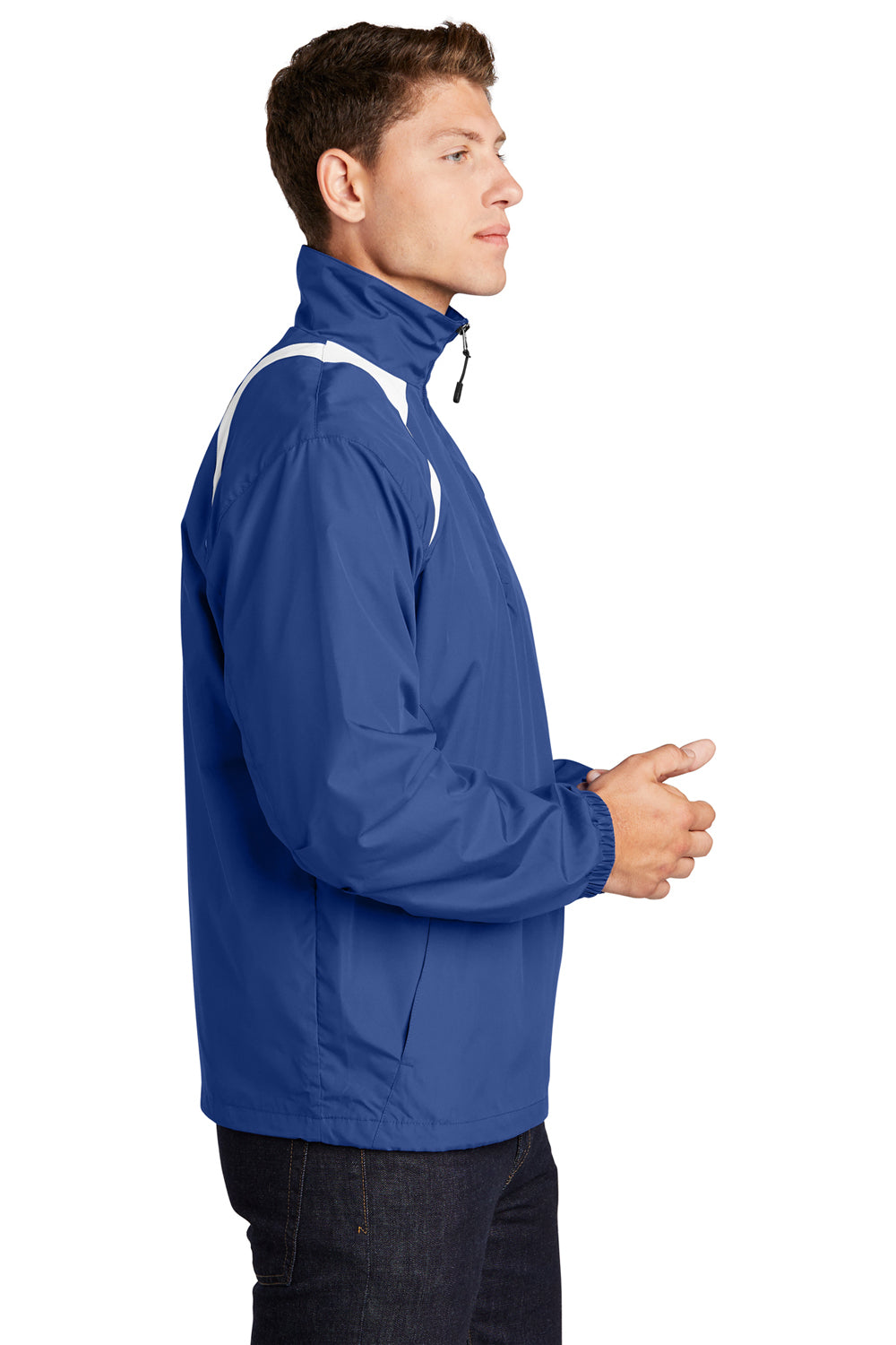 Sport-Tek JST75 Mens Water Resistant 1/4 Zip Wind Jacket True Royal Blue/White Model Side