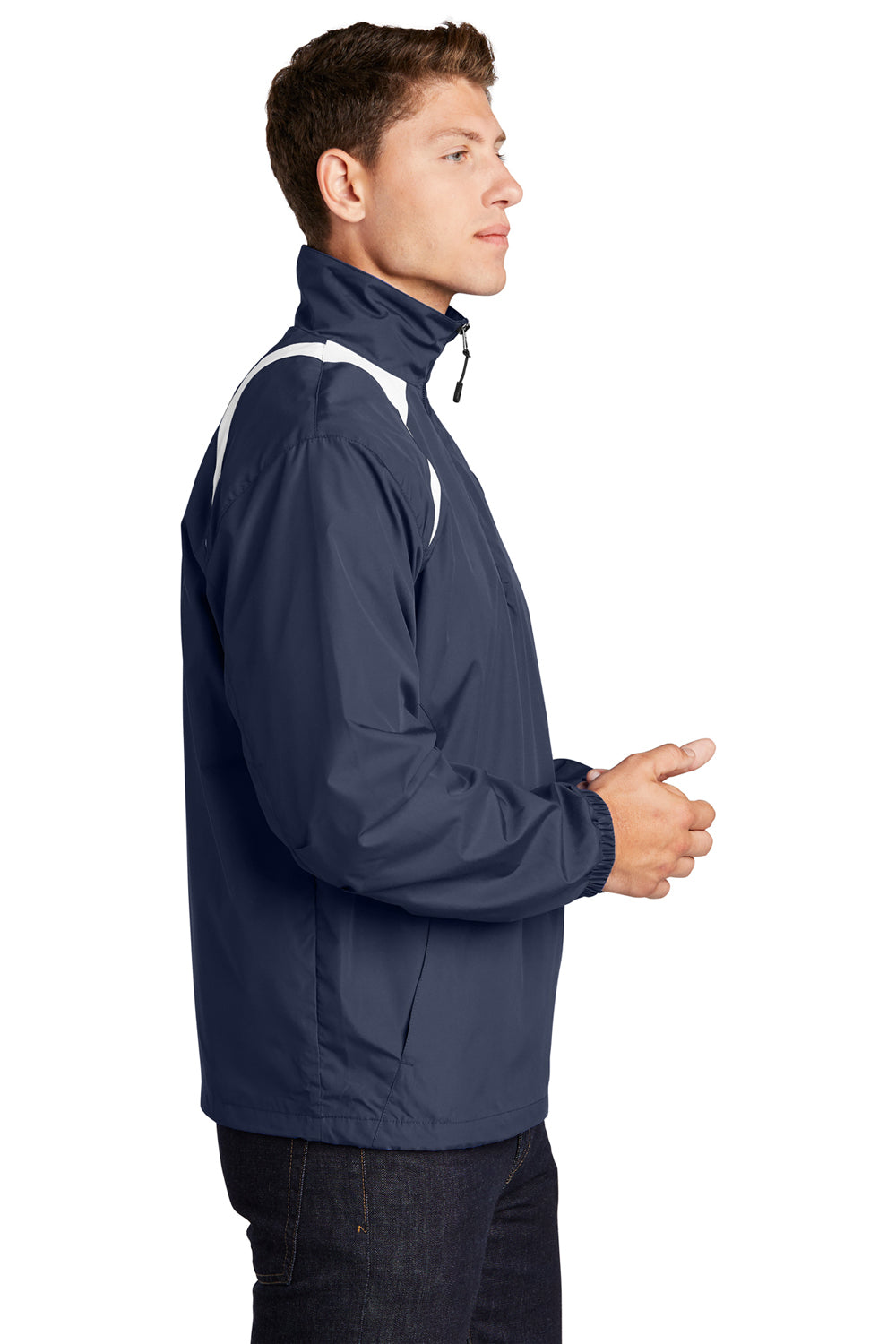 Sport-Tek JST75 Mens Water Resistant 1/4 Zip Wind Jacket True Navy Blue/White Model Side