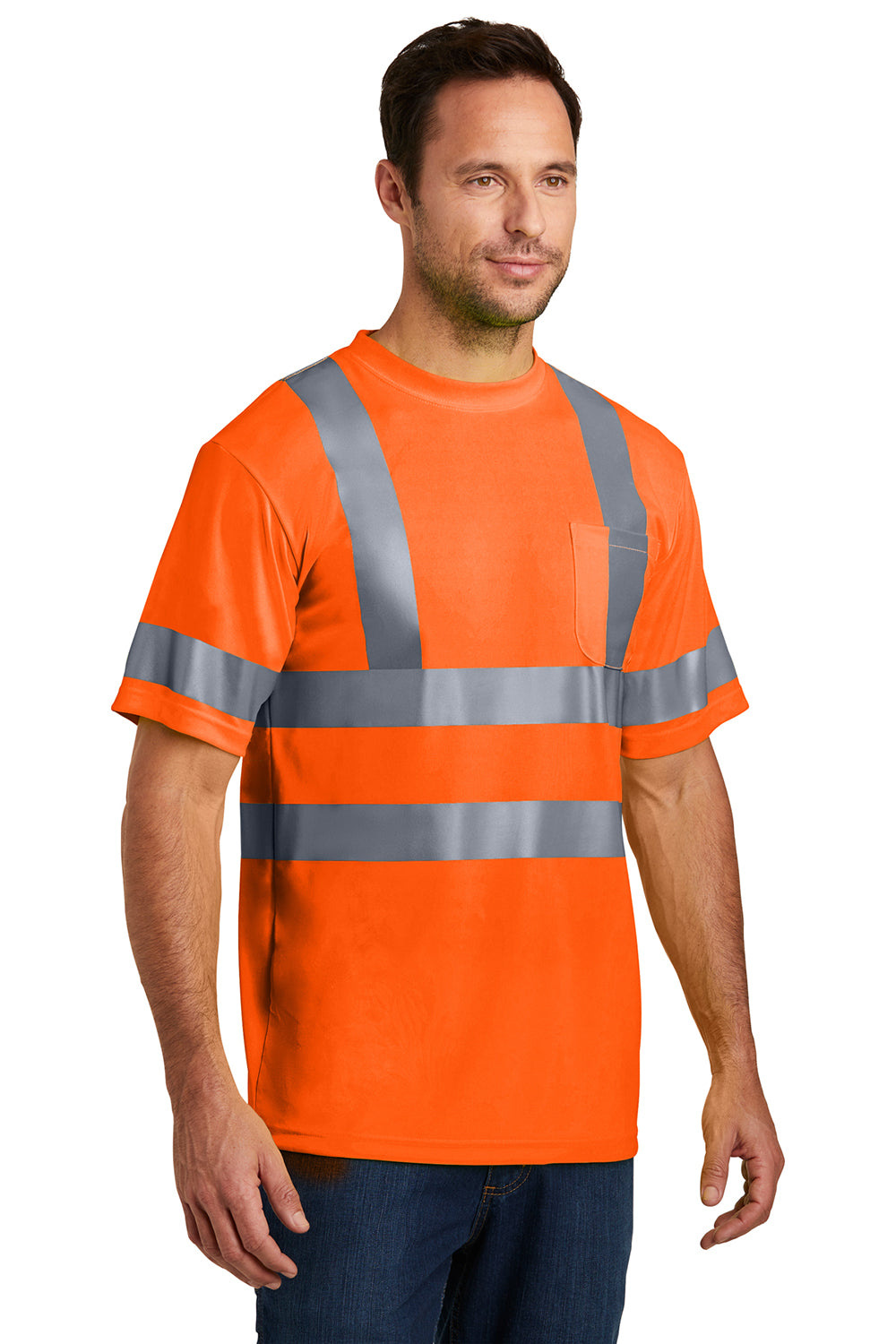 CornerStone CS408 Mens Moisture Wicking Short Sleeve Crewneck T-Shirt w/ Pocket Safety Orange Model 3q