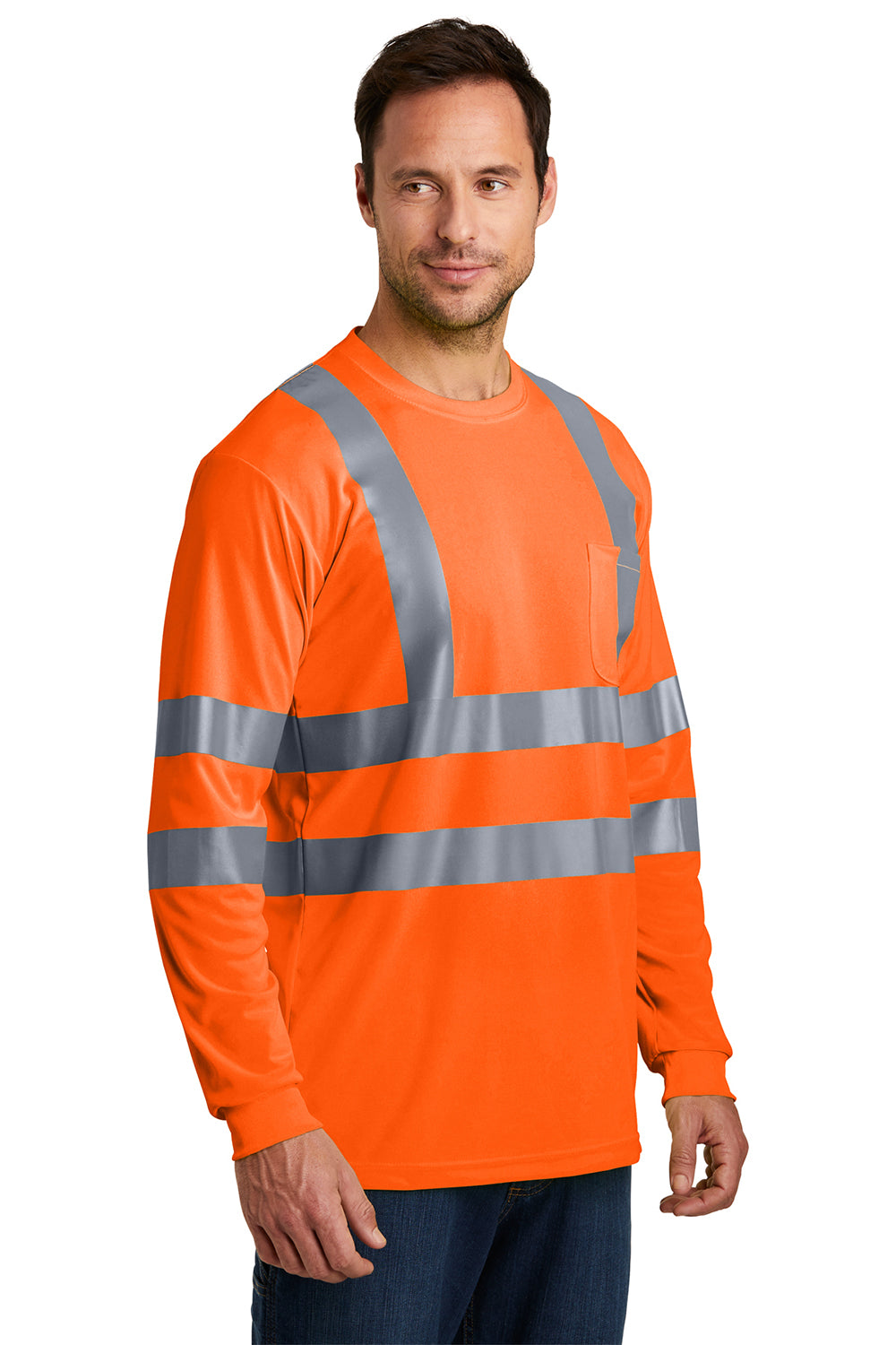 CornerStone CS409 Mens Moisture Wicking Long Sleeve Crewneck T-Shirt w/ Pocket Safety Orange Model 3q