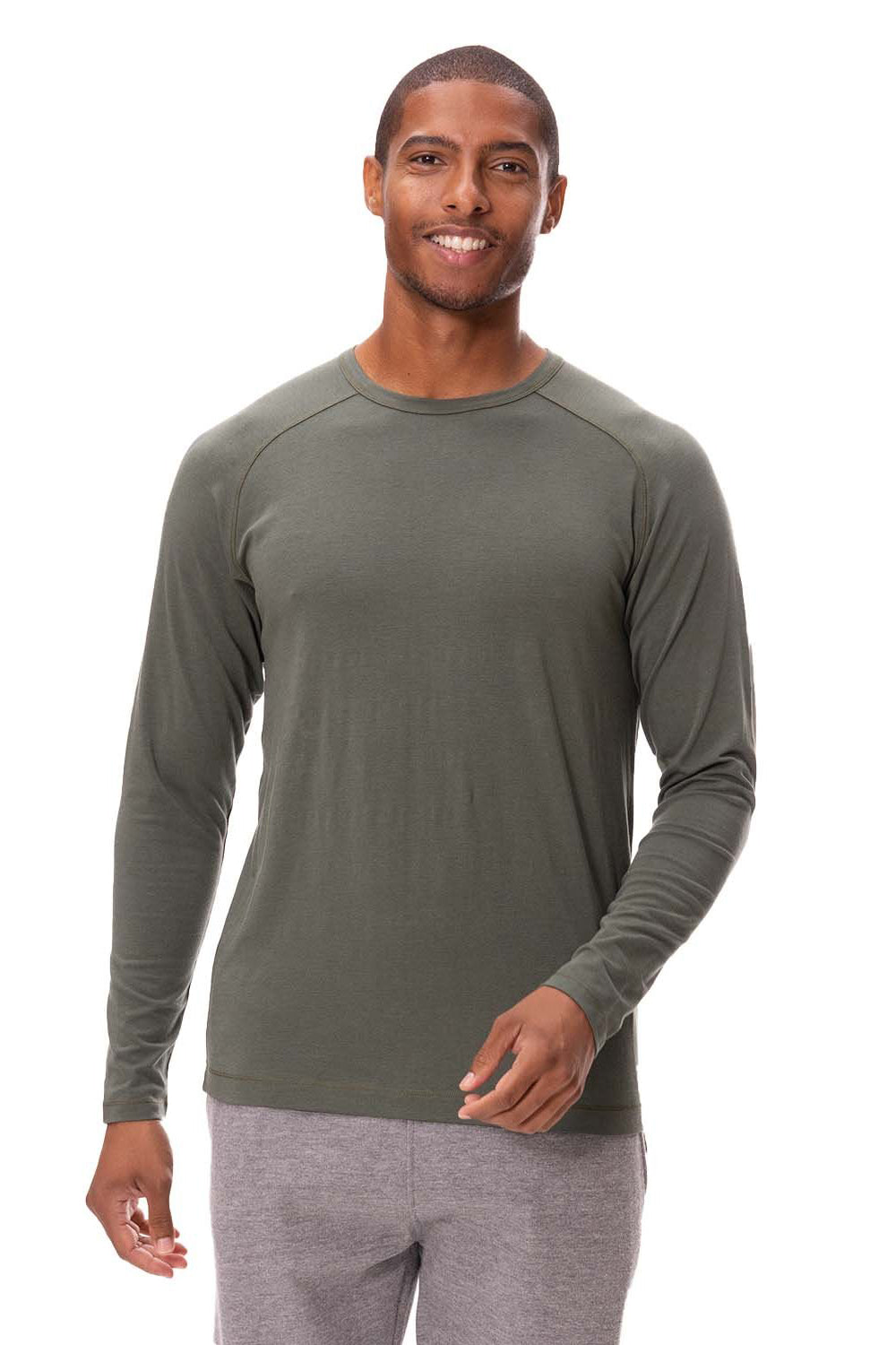 Threadfast Apparel 382LS Mens Impact Long Sleeve Crewneck T-Shirt Army Green Model Front