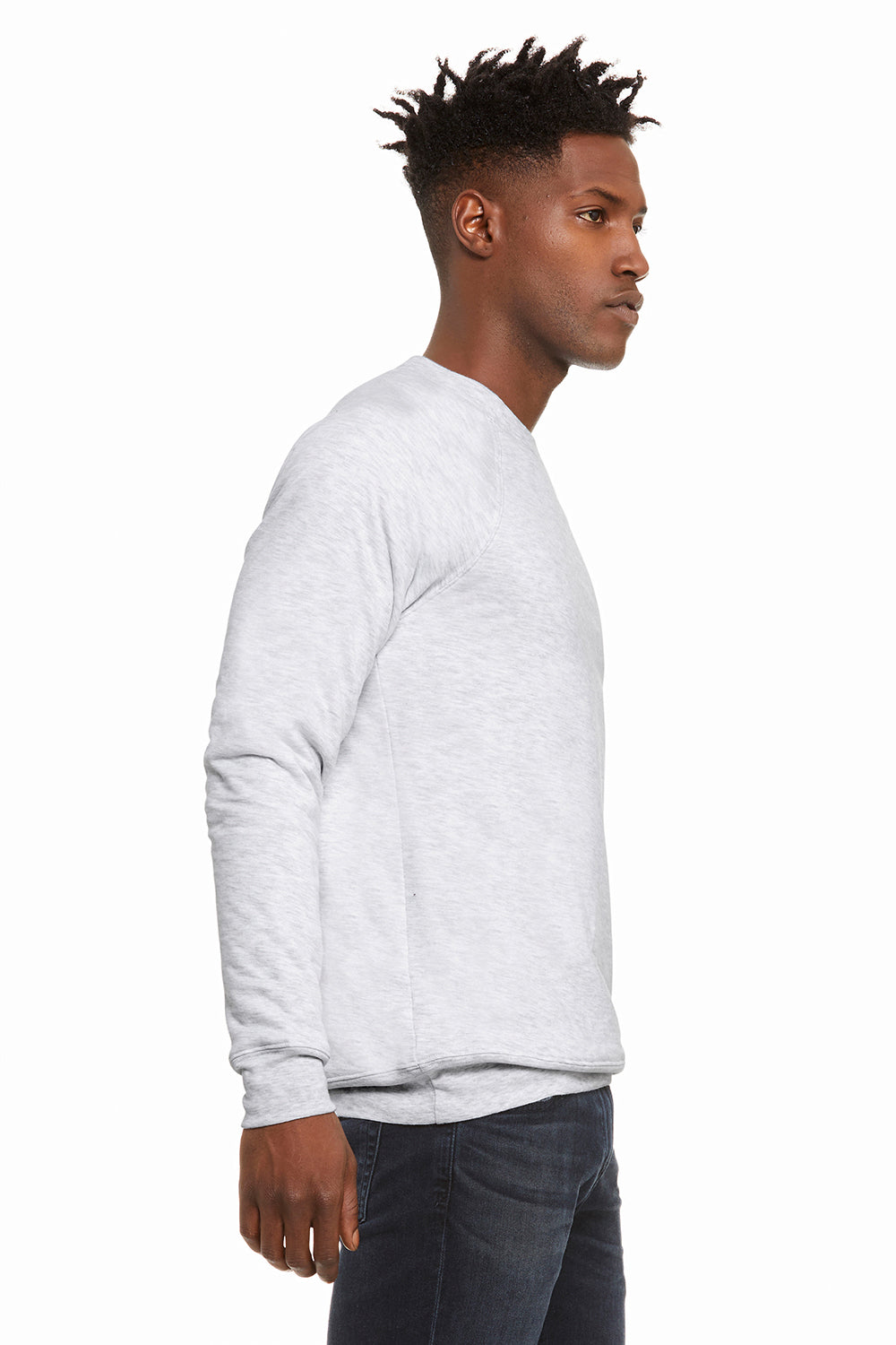 Bella + Canvas BC3901/3901 Mens Sponge Fleece Crewneck Sweatshirt Ash Grey Model Side