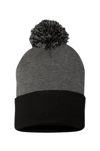 Sportsman SP15 Mens Pom-Pom Cuffed Beanie Heather Dark Grey/Black Flat Front