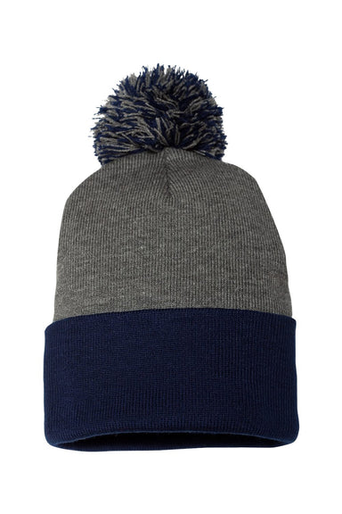 Sportsman SP15 Mens Pom-Pom Cuffed Beanie Heather Dark Grey/Navy Blue Flat Front