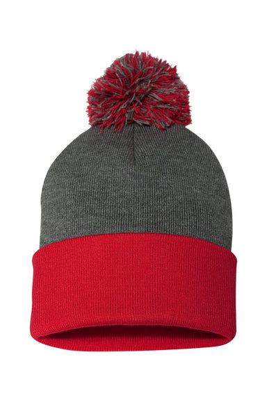 Sportsman SP15 Mens Pom-Pom Cuffed Beanie Heather Dark Grey/Red Flat Front