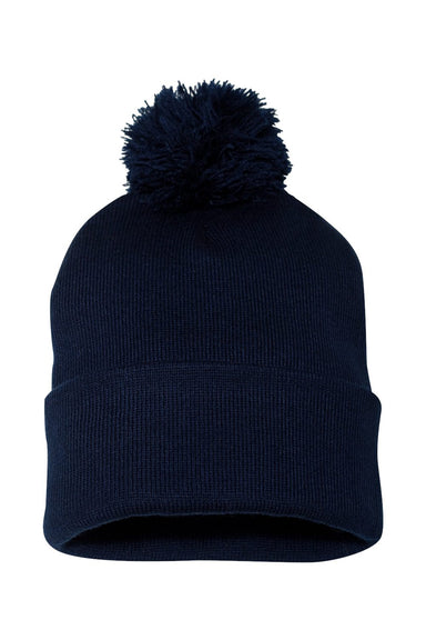 Sportsman SP15 Mens Pom-Pom Cuffed Beanie Navy Blue Flat Front