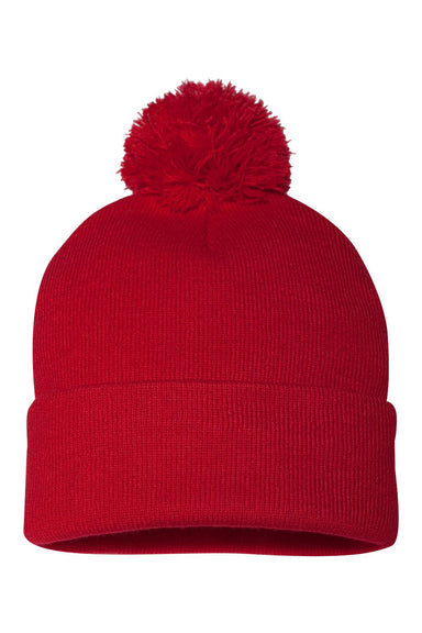 Sportsman SP15 Mens Pom-Pom Cuffed Beanie Red Flat Front