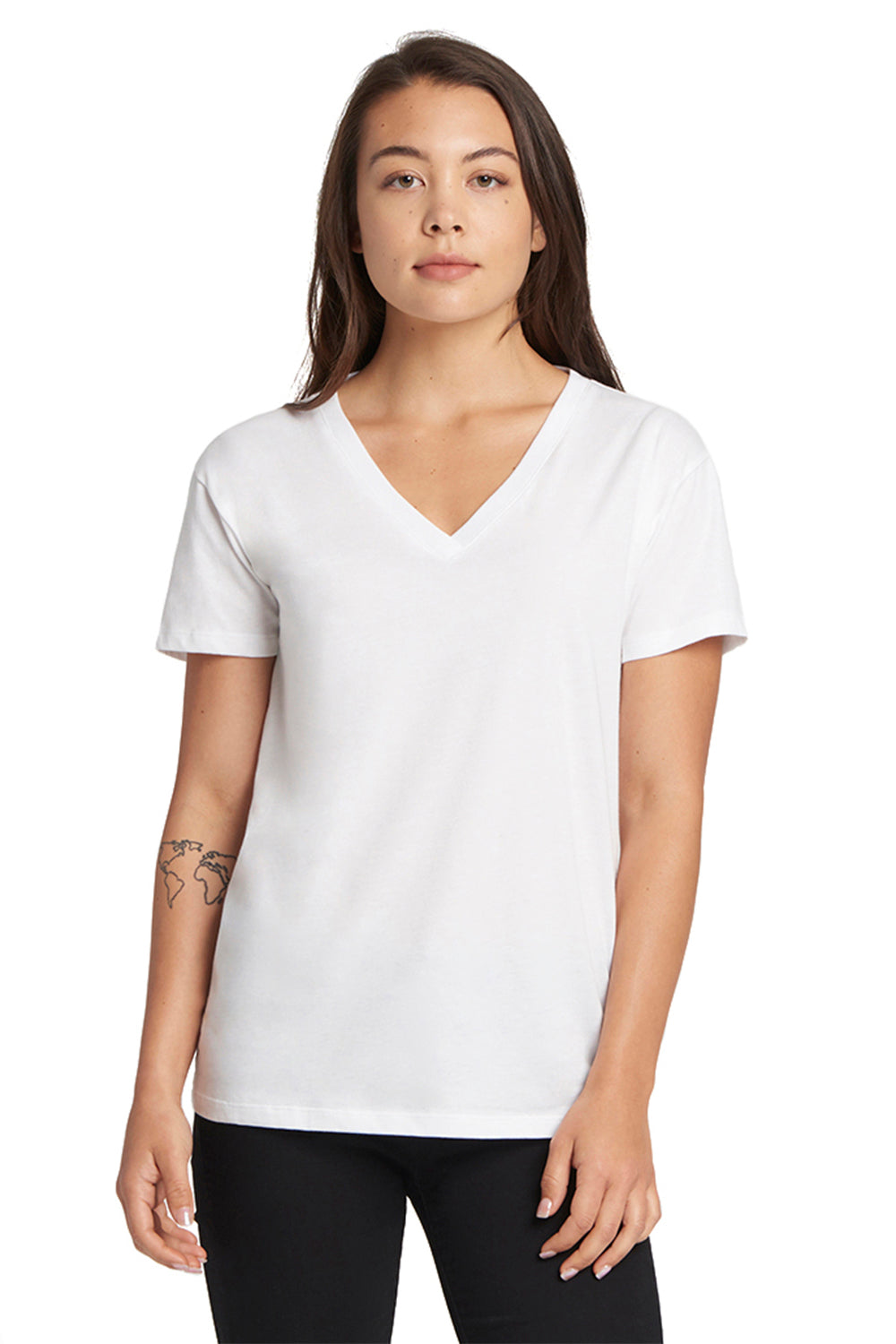 Next Level 3940 Womens Relaxed Short Sleeve V-Neck T-Shirt White Model Front