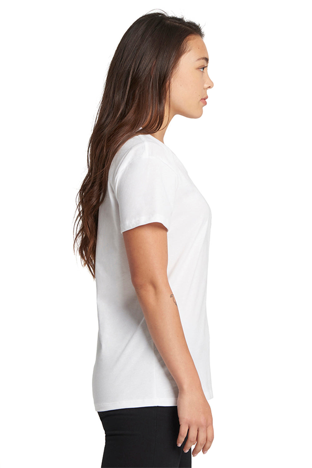 Next Level 3940 Womens Relaxed Short Sleeve V-Neck T-Shirt White Model Side