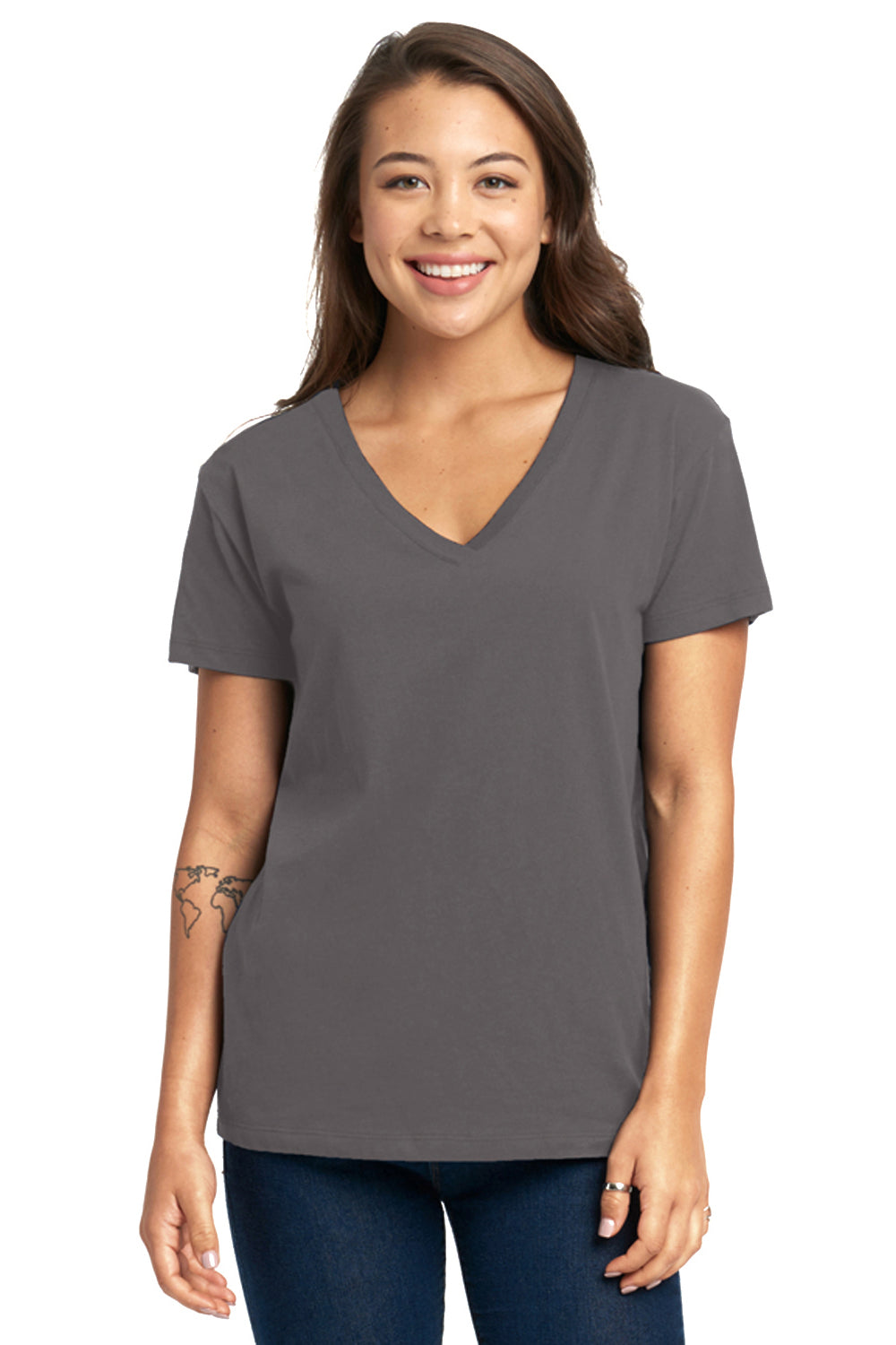 Next Level 3940 Womens Relaxed Short Sleeve V-Neck T-Shirt Heavy Metal Grey Model Front