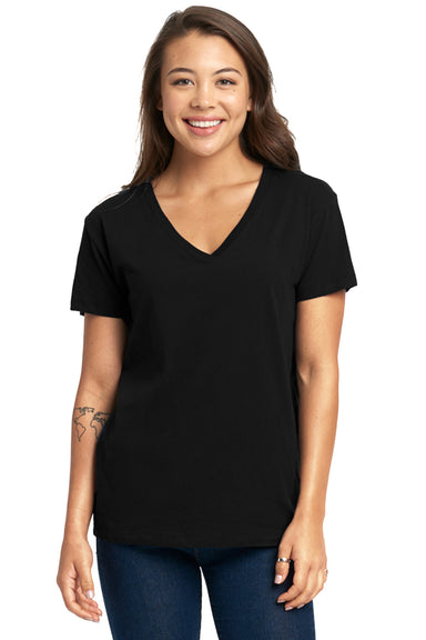 Next Level 3940 Womens Relaxed Short Sleeve V-Neck T-Shirt Black Model Front