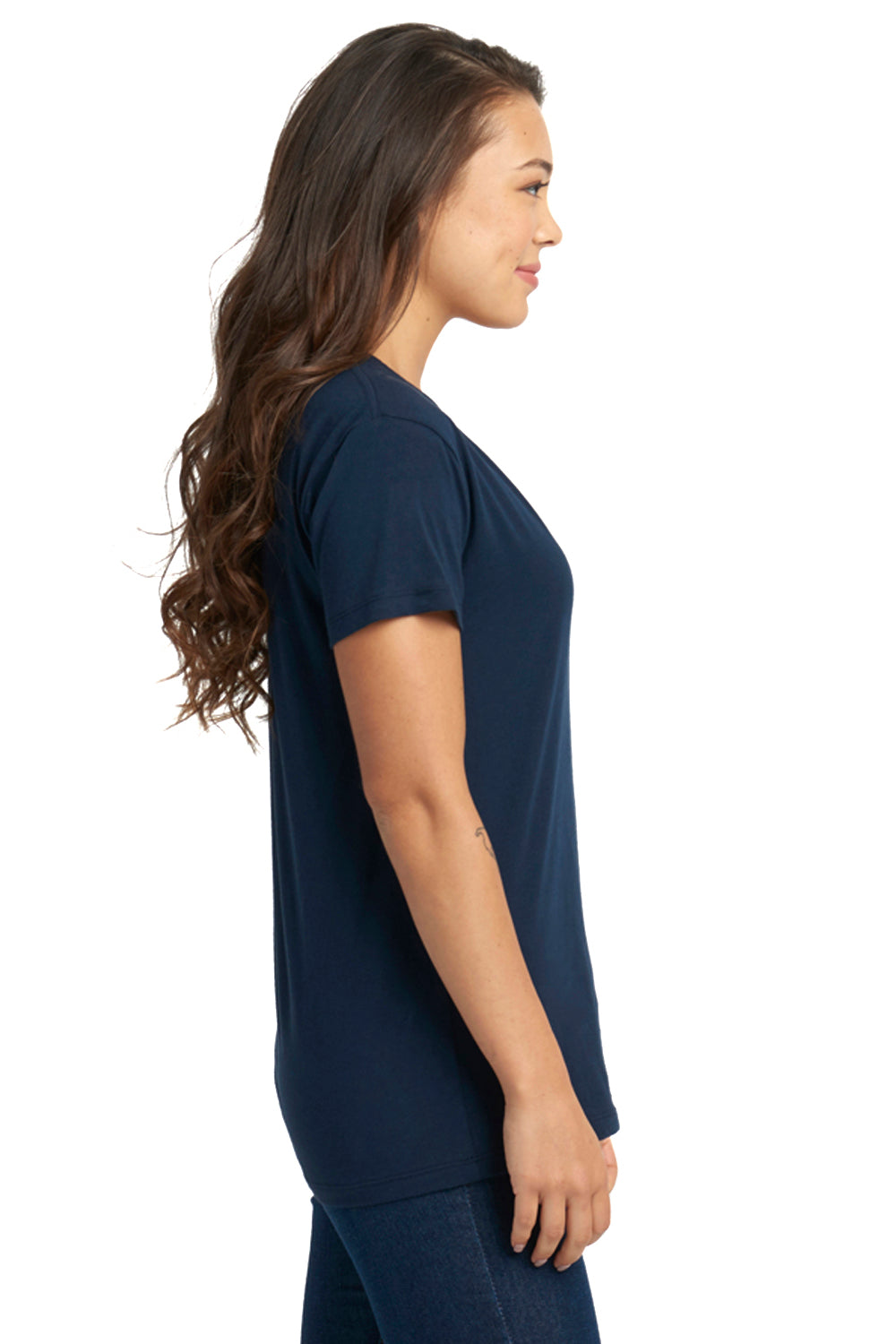 Next Level 3940 Womens Relaxed Short Sleeve V-Neck T-Shirt Midnight Navy Blue Model Side