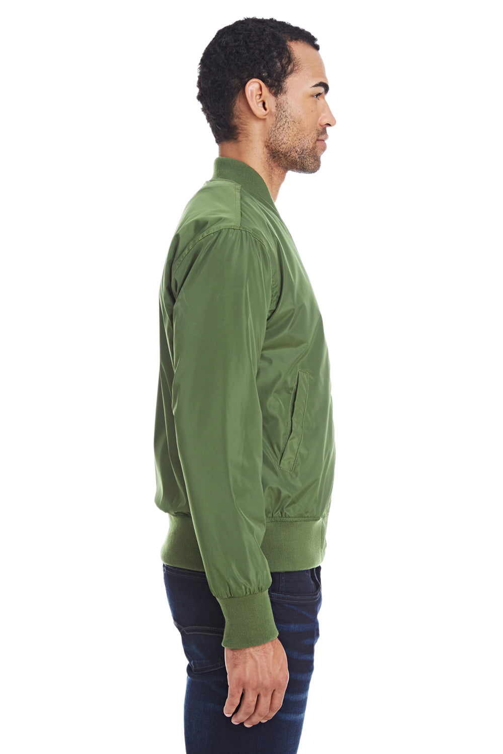 Threadfast Apparel 395J Mens Bomber Full Zip Jacket Army Green Model Side