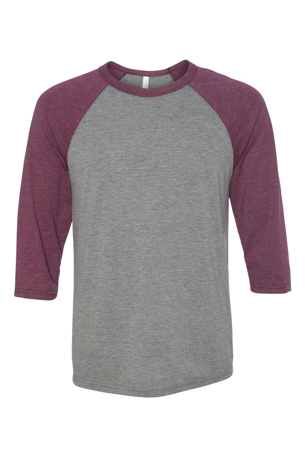 Bella + Canvas BC3200/3200 Mens 3/4 Sleeve Crewneck T-Shirt Grey/Maroon Flat Front