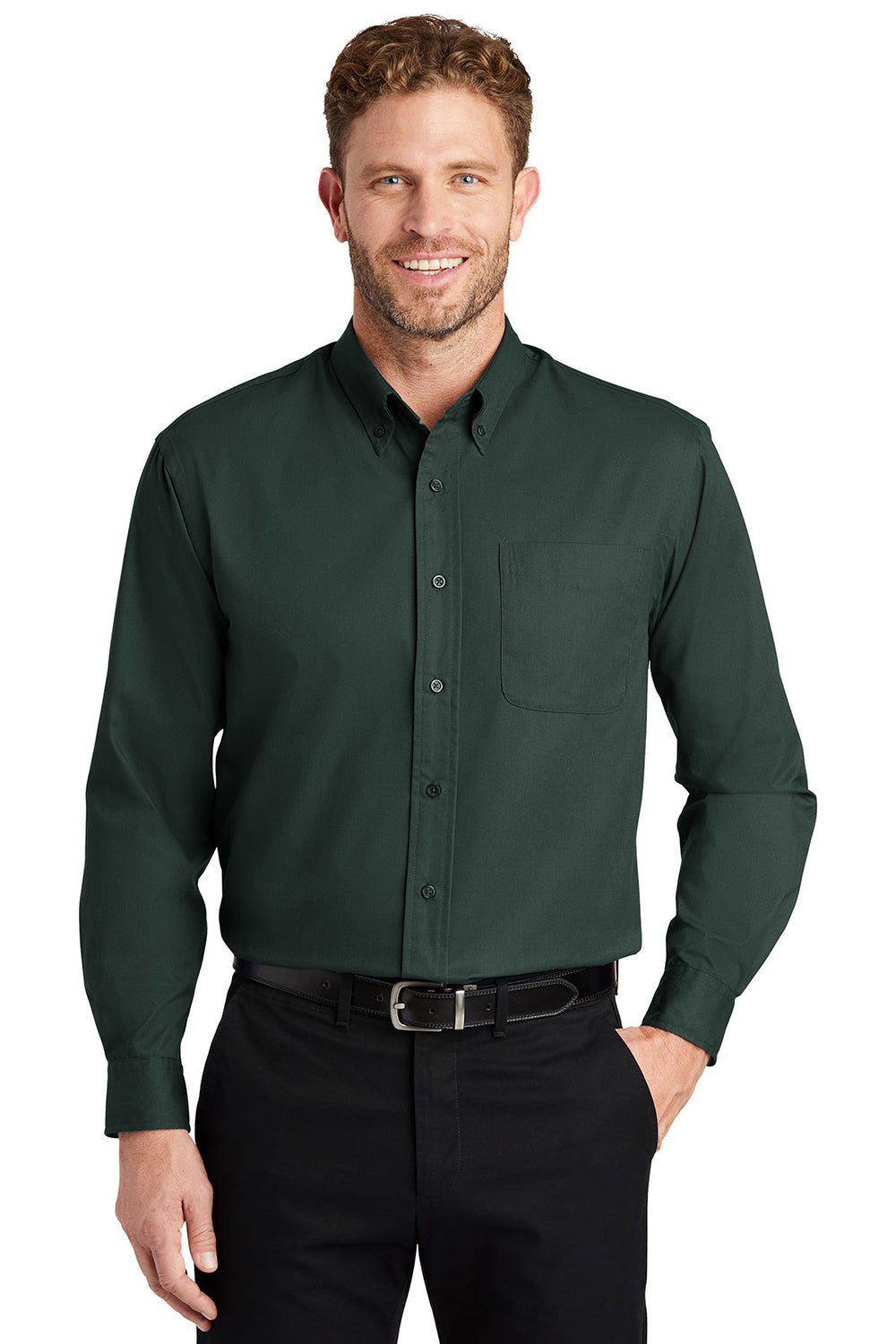 CornerStone SP17 Mens SuperPro Stain Resistant Long Sleeve Button Down Shirt w/ Pocket Dark Green Model Front