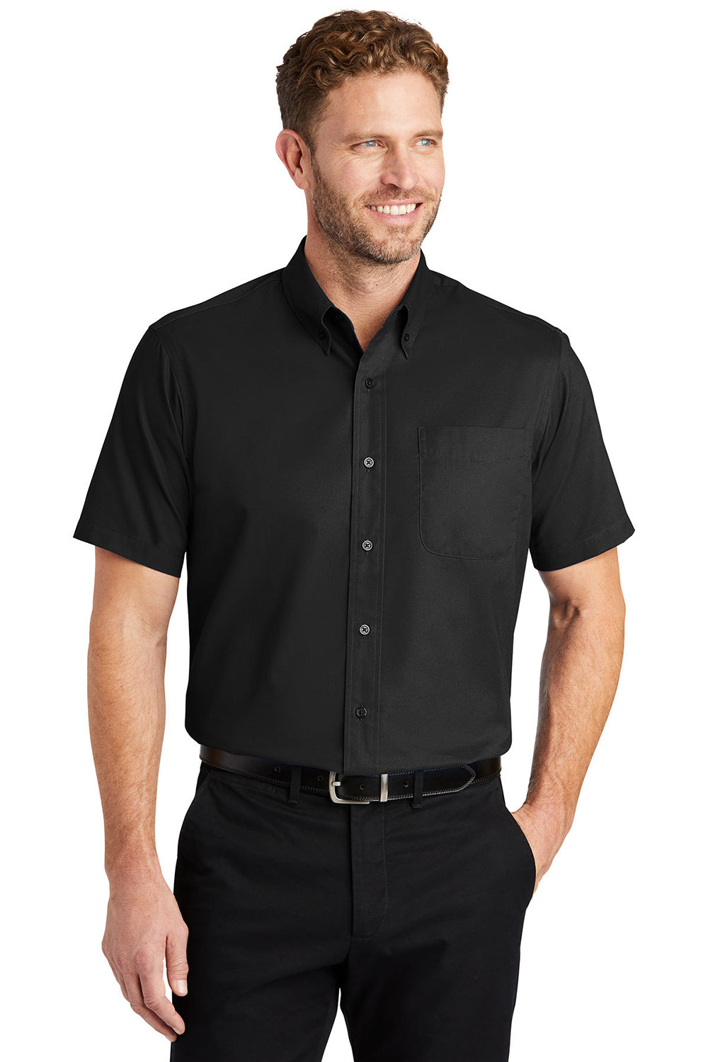 CornerStone SP18 Mens SuperPro Stain Resistant Short Sleeve Button Down Shirt w/ Pocket Black Model Front