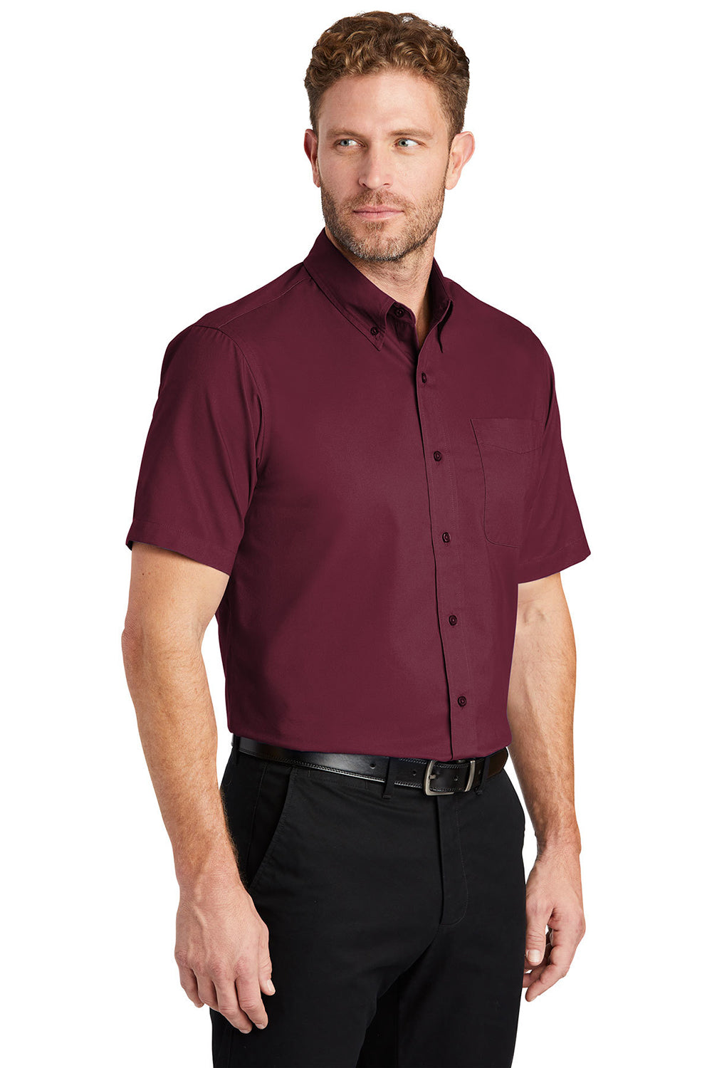 CornerStone SP18 Mens SuperPro Stain Resistant Short Sleeve Button Down Shirt w/ Pocket Burgundy Model 3q