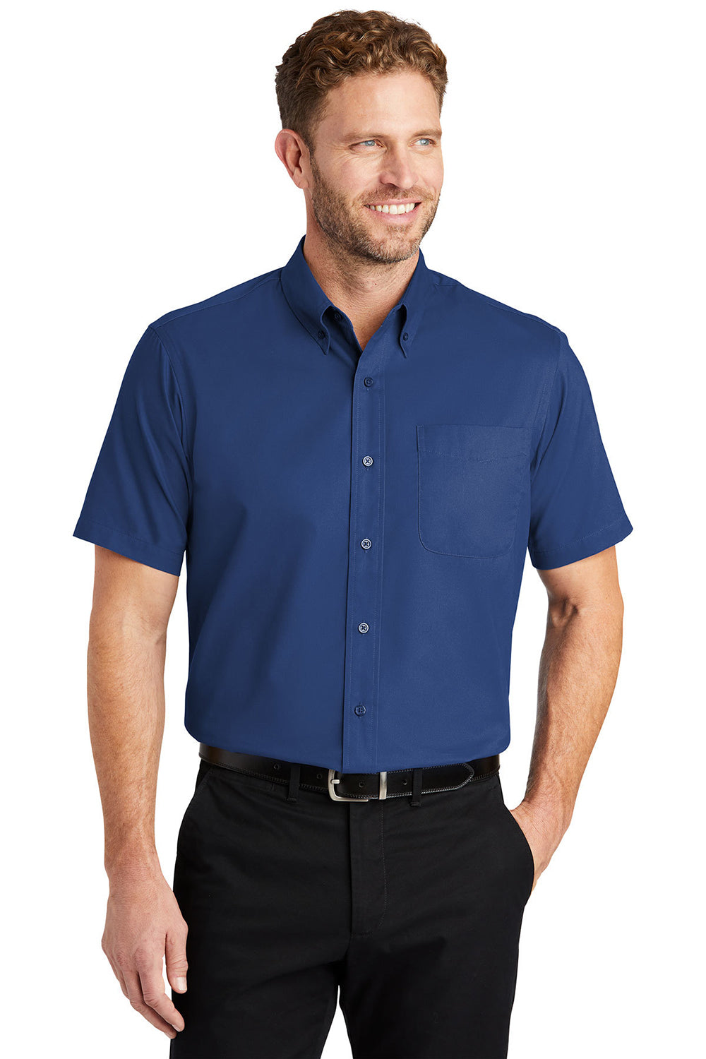 CornerStone SP18 Mens SuperPro Stain Resistant Short Sleeve Button Down Shirt w/ Pocket Royal Blue Model Front