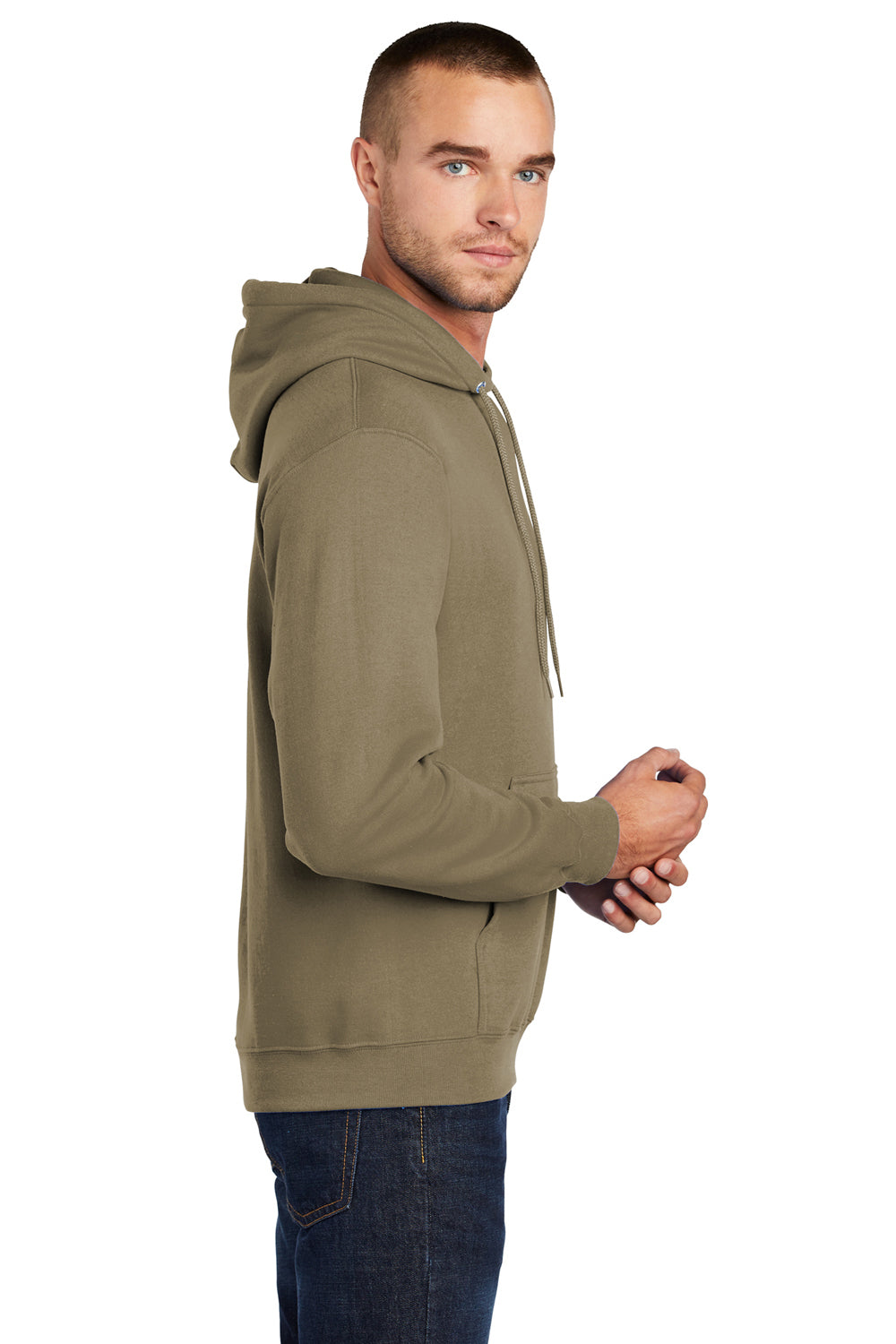 Port & Company PC78H/PC78HT Mens Core Pill Resistant Fleece Hooded Sweatshirt Hoodie Coyote Brown Model Side