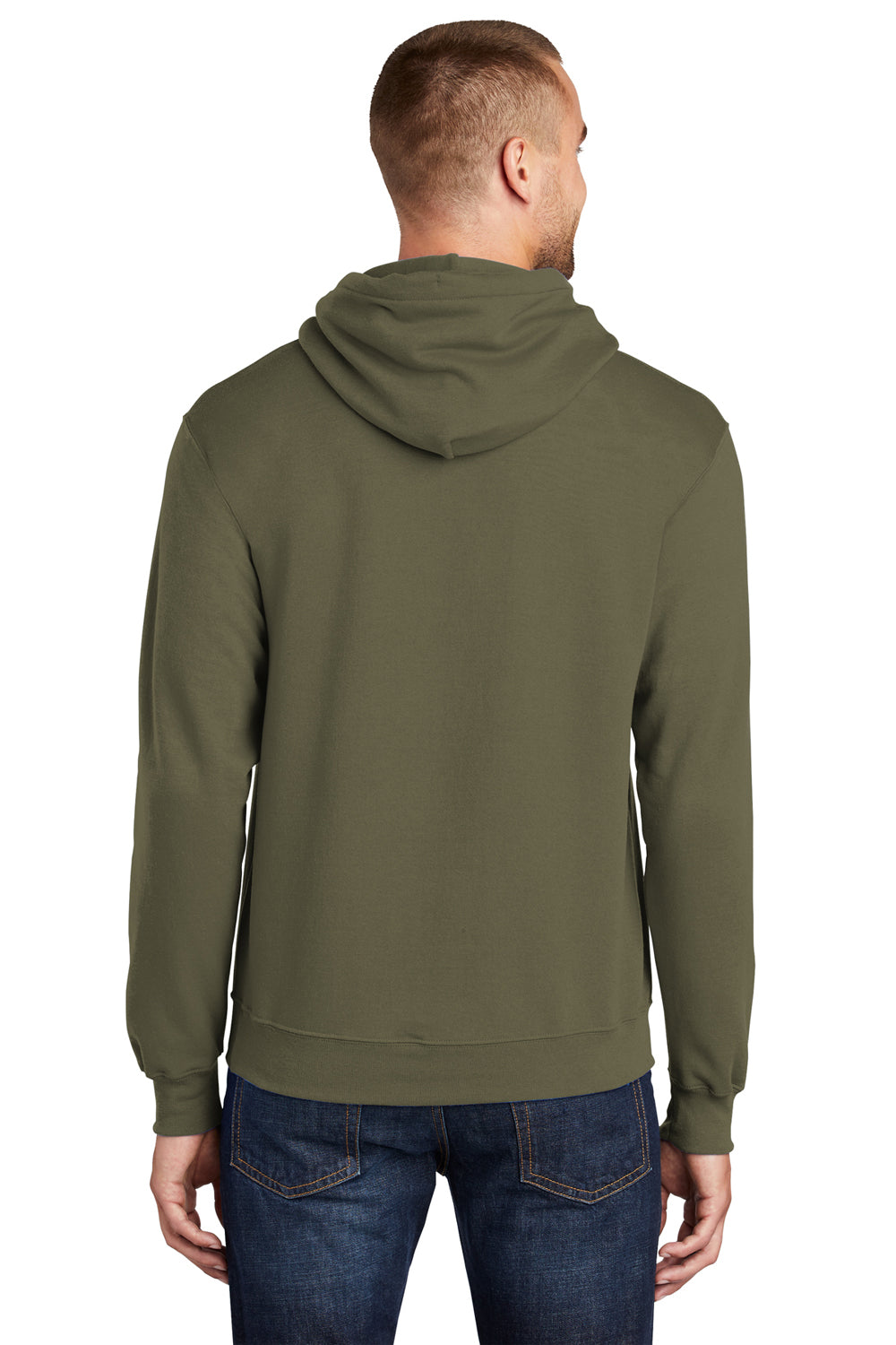 Port & Company PC78H/PC78HT Mens Core Pill Resistant Fleece Hooded Sweatshirt Hoodie Olive Drab Green Model Back