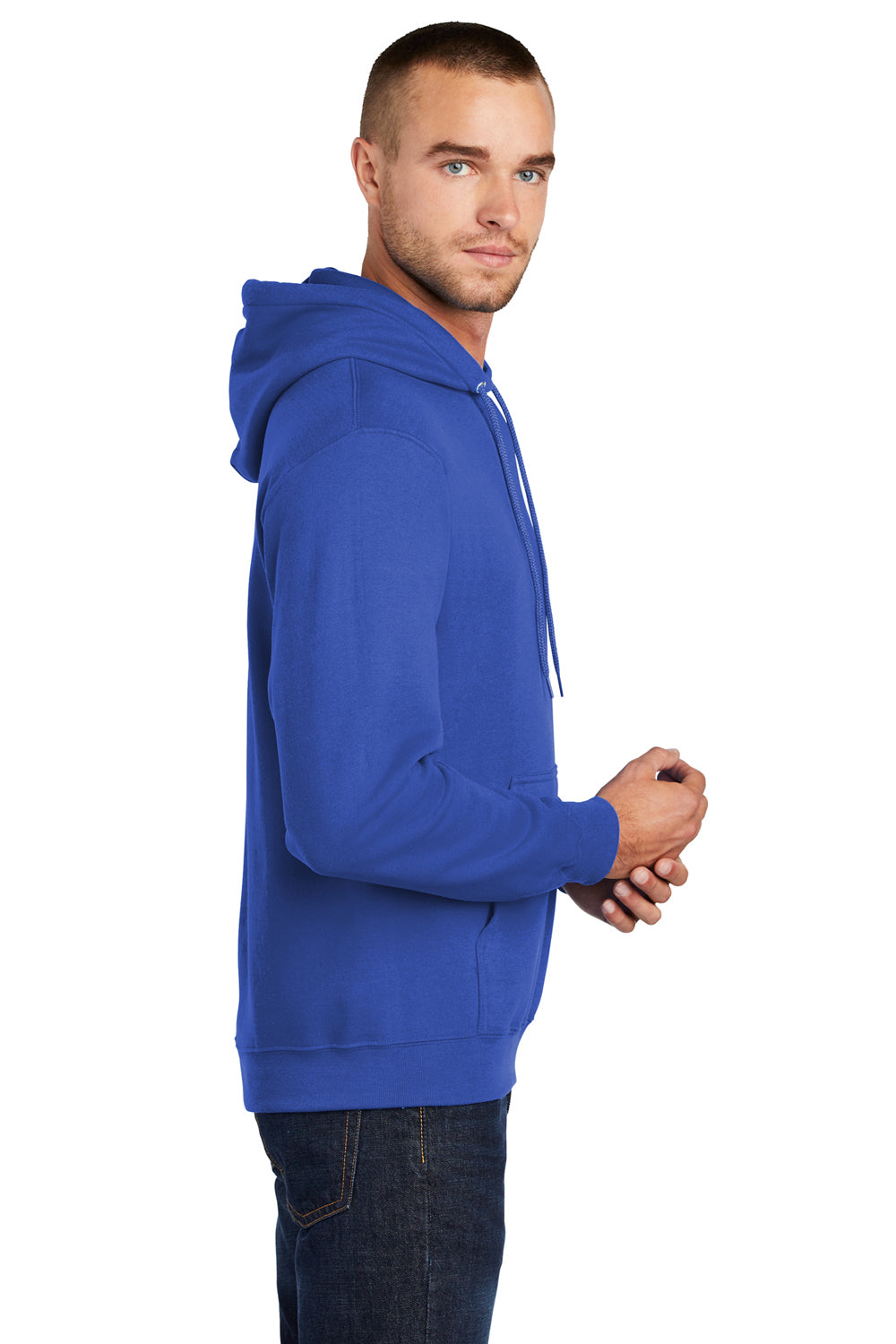 Port & Company PC78H/PC78HT Mens Core Pill Resistant Fleece Hooded Sweatshirt Hoodie True Royal Blue Model Side