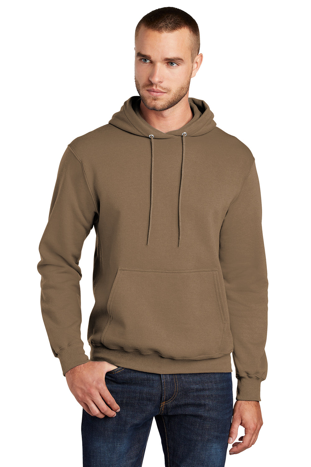 Port & Company PC78H/PC78HT Mens Core Pill Resistant Fleece Hooded Sweatshirt Hoodie Woodland Brown Model Front