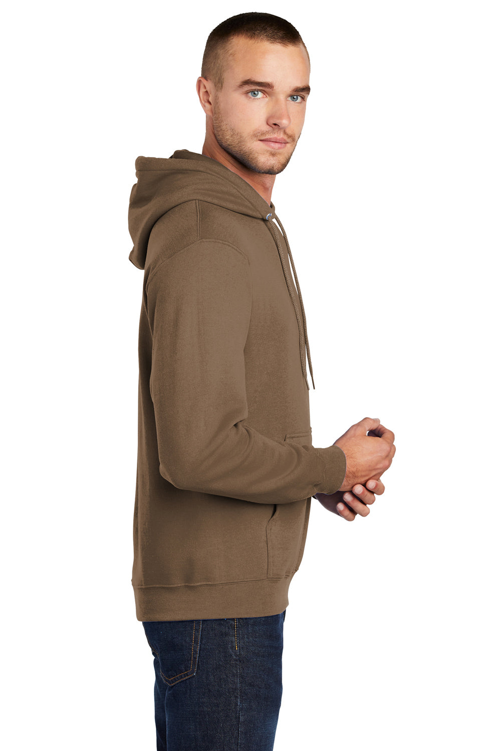 Port & Company PC78H/PC78HT Mens Core Pill Resistant Fleece Hooded Sweatshirt Hoodie Woodland Brown Model Side