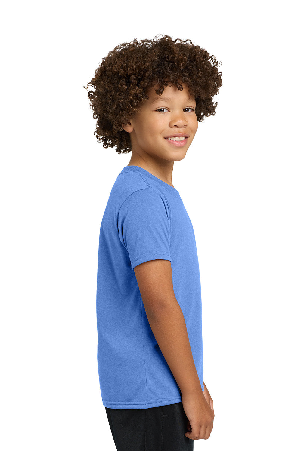 Gildan 42000B/G420B Youth Performance Jersey Moisture Wicking Short Sleeve Crewneck T-Shirt Carolina Blue Model Side