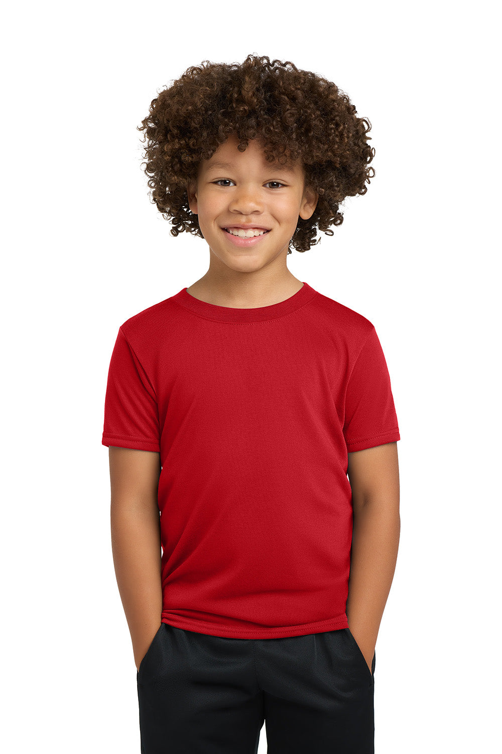 Gildan 42000B/G420B Youth Performance Jersey Moisture Wicking Short Sleeve Crewneck T-Shirt Red Model Front