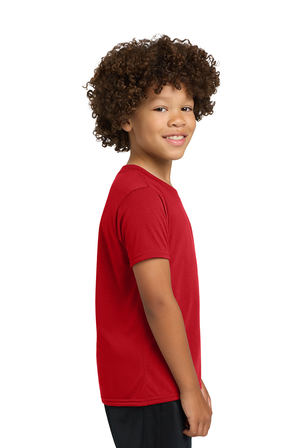 Gildan 42000B/G420B Youth Performance Jersey Moisture Wicking Short Sleeve Crewneck T-Shirt Red Model Side