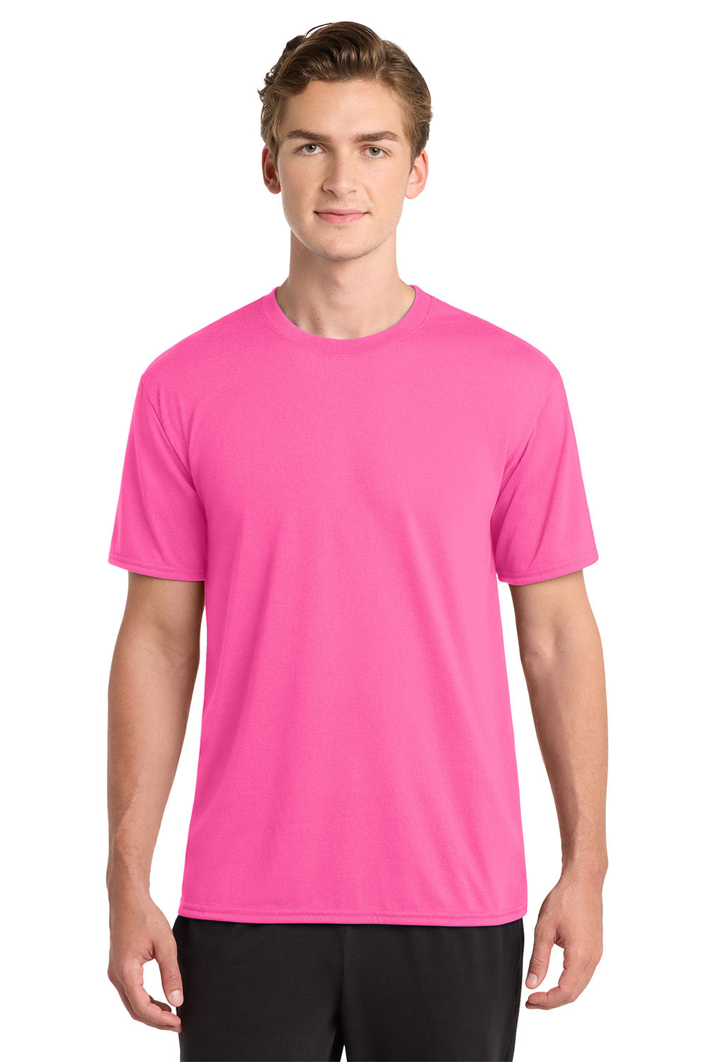 Gildan 42000/G420 Mens Performance Jersey Moisture Wicking Short Sleeve Crewneck T-Shirt Safety Pink Model Front