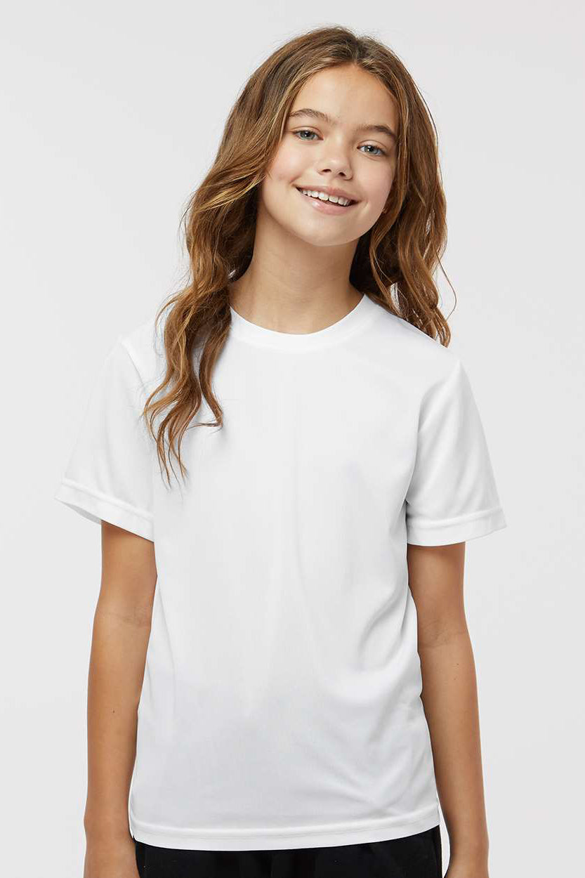 Augusta Sportswear 791 Youth Nexgen Moisture Wicking Short Sleeve Crewneck T-Shirt White Model Front