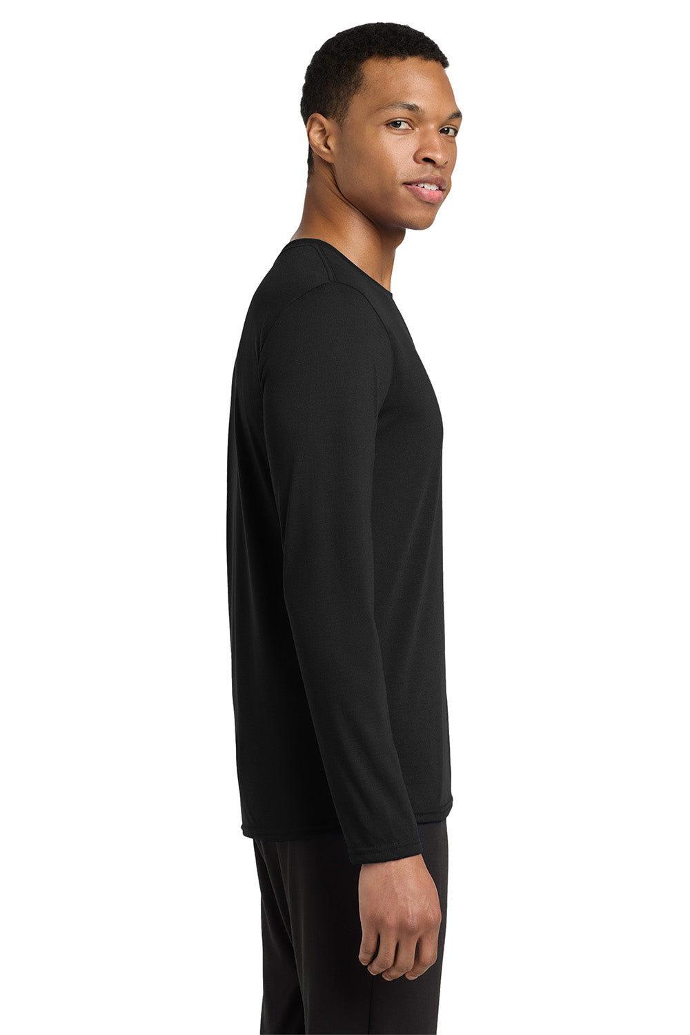 Gildan 42400/G424 Mens Performance Jersey Moisture Wicking Long Sleeve Crewneck T-Shirt Black Model Side