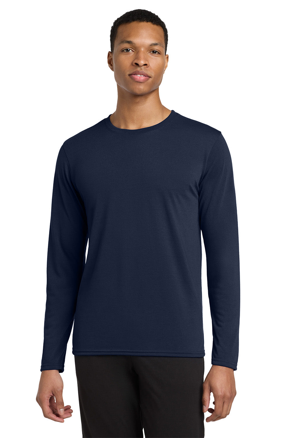 Gildan 42400/G424 Mens Performance Jersey Moisture Wicking Long Sleeve Crewneck T-Shirt Navy Blue Model Front