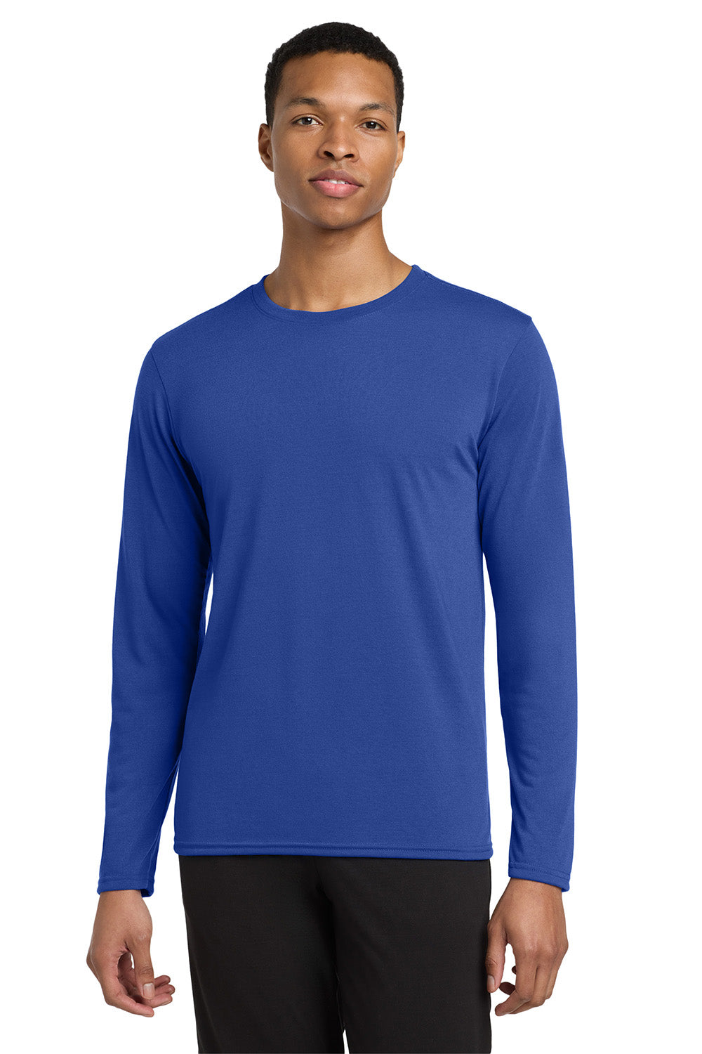 Gildan 42400/G424 Mens Performance Jersey Moisture Wicking Long Sleeve Crewneck T-Shirt Royal Blue Model Front