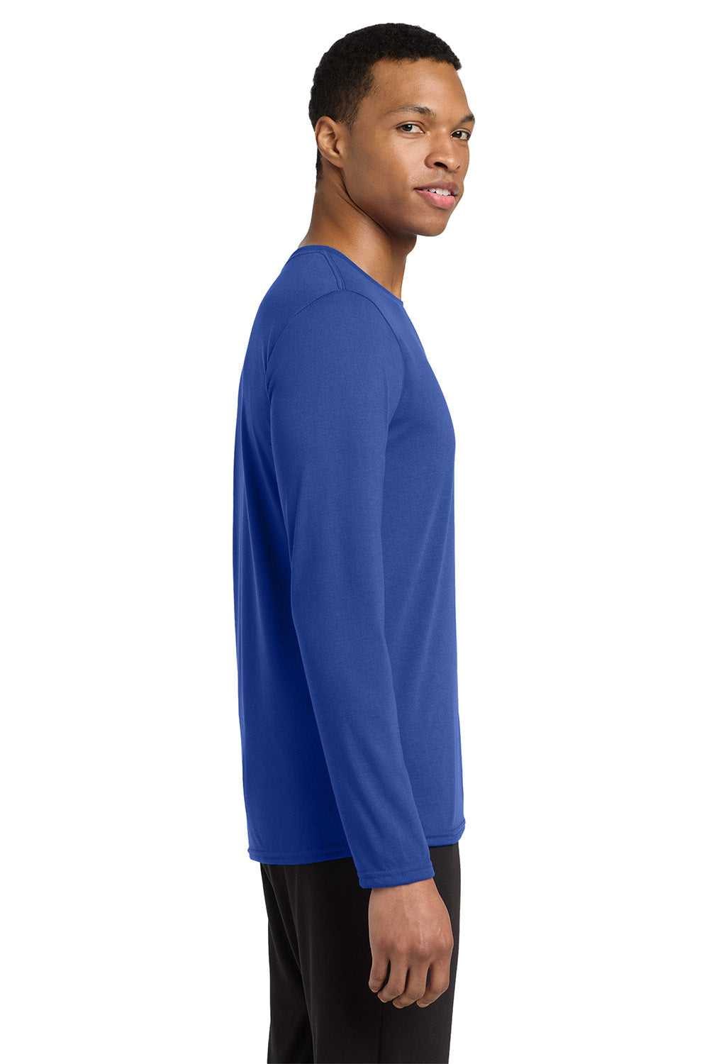 Gildan 42400/G424 Mens Performance Jersey Moisture Wicking Long Sleeve Crewneck T-Shirt Royal Blue Model Side