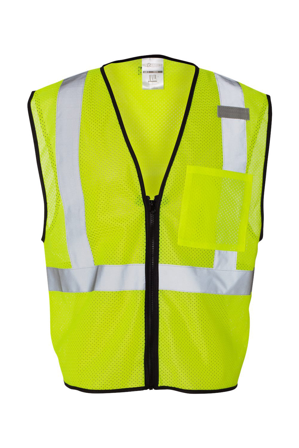 Kishigo 1519-1520 Mens Single Pocket Zipper Mesh Class 2 Vest Lime Green Flat Front