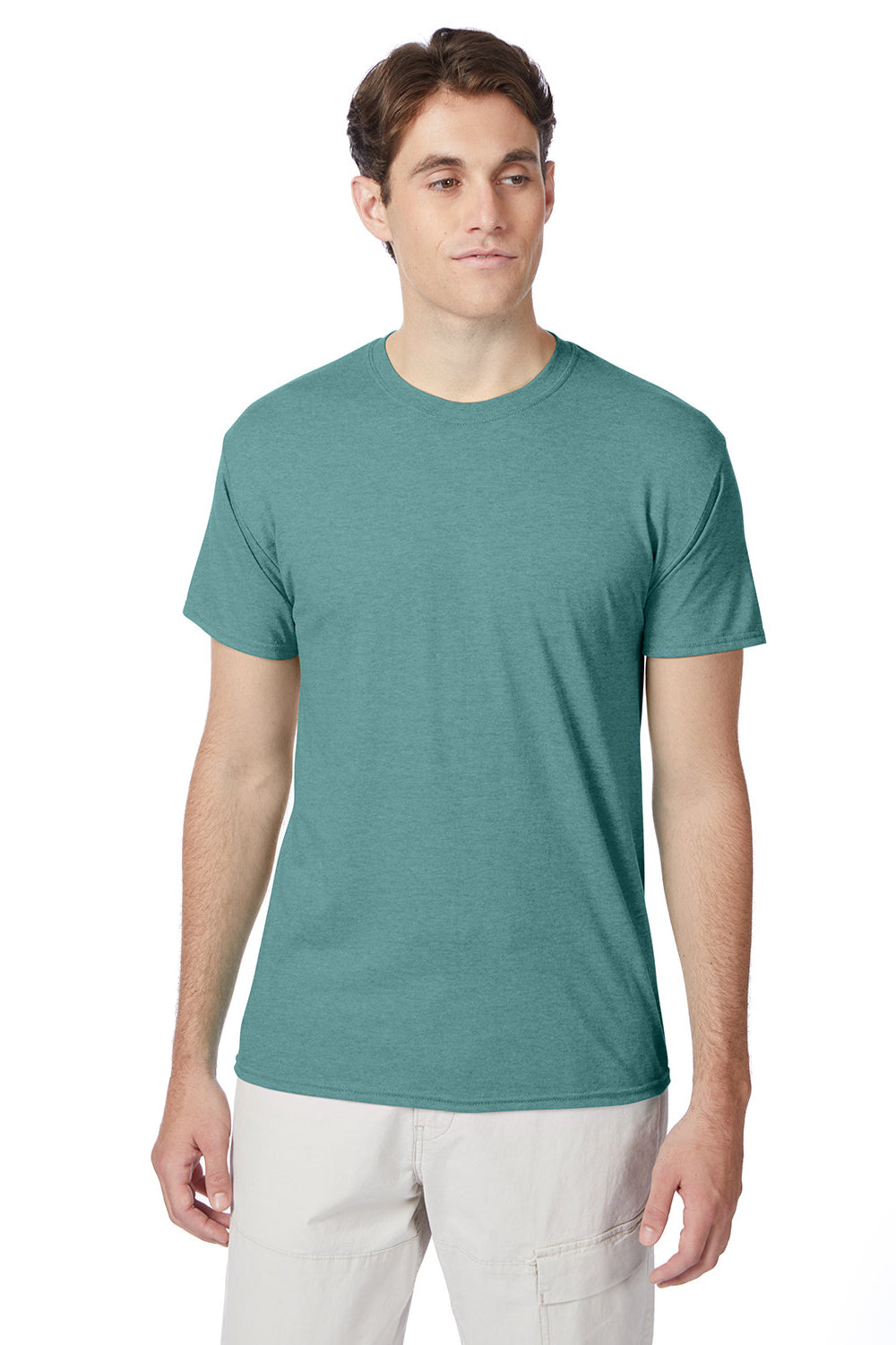 Hanes 42TB Mens X-Temp FreshIQ Moisture Wicking Short Sleeve Crewneck T-Shirt Heather Clay Green Model Front