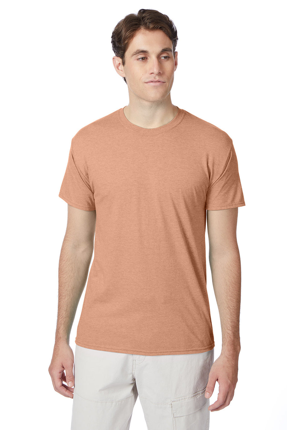 Hanes 42TB Mens X-Temp FreshIQ Moisture Wicking Short Sleeve Crewneck T-Shirt Heather Cantaloupe Orange Model Front